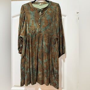JODIFL Vintage Floral Long Sleeve Dress in Green and Brown